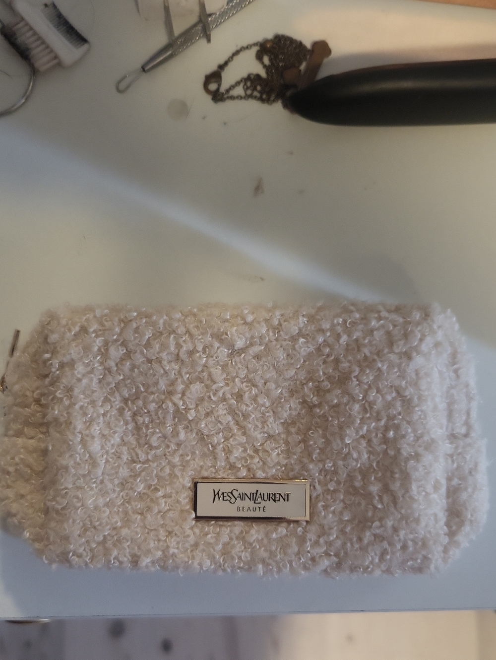 Yves Saint Laurent Cream Bouclé Cosmetic Case with Gold Logo Plate